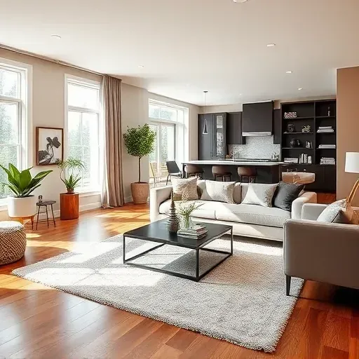 Modern living room in Aurora IL showcasing spacious layout, natural light, sleek furniture, and elegant decor.