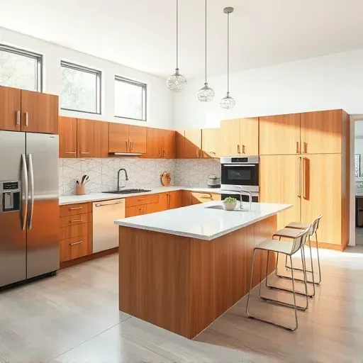 Renovated Schaumburg IL kitchen with modern wood cabinetry stainless steel appliances and granite island