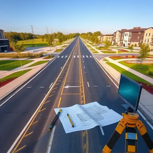 Bloomingdale IL civil engineering site with paved roads survey lines construction equipment blueprint greenery and buildings