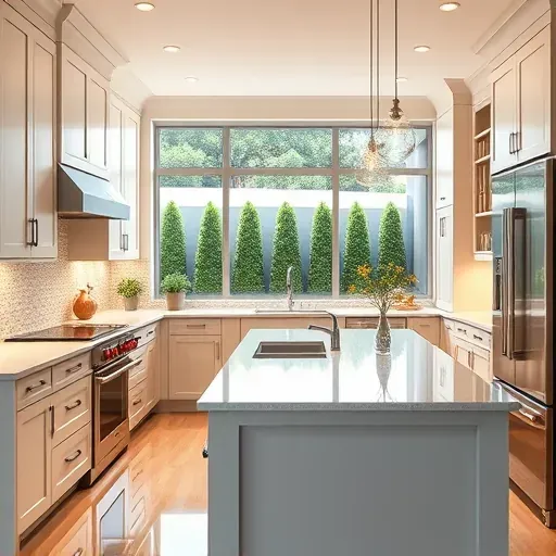 Modern renovated Bloomingdale IL kitchen with sleek cabinets stainless steel appliances quartz island tiled backsplash greenery