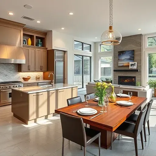 Modern kitchen and dining area in Libertyville IL featuring elegant cabinetry, stainless appliances, and polished granite island.