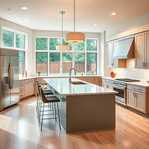 Modern Bloomingdale kitchen with stainless steel appliances quartz countertops neutral cabinetry large central island bright open space lush backyard