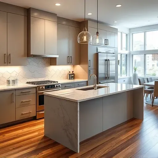 Modern Deerfield kitchen with sleek cabinets granite countertops stainless steel appliances island pendant lighting hardwood floors and natural light