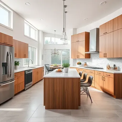 Modern Palatine IL kitchen with stainless appliances, granite countertops, warm wood cabinetry, natural light, and sleek decor