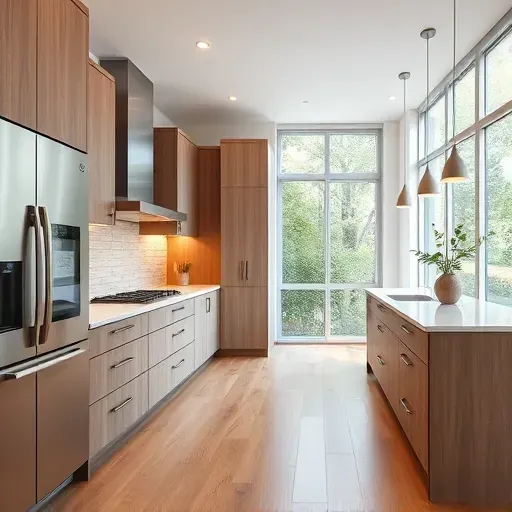 Modern eco-friendly kitchen in Bloomingdale IL with sleek cabinets, energy-saving appliances, natural light, and sustainable materials