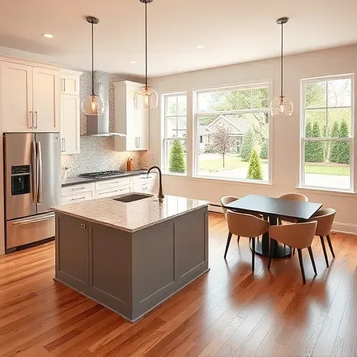 Contemporary Evanston kitchen remodel featuring sleek cabinetry, a spacious island, and elegant hardwood flooring.