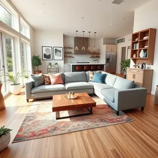 Contemporary living room in Libertyville IL with hardwood floors, sleek sofa, large windows, and stylish decor.