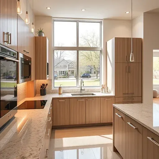 Refurbished modern kitchen with glossy cabinets, granite countertops, organized appliances, natural light, and suburban charm