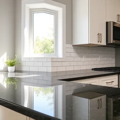 Modern Bloomingdale IL kitchen with glossy subway tile backsplash, dark granite countertops, stainless steel appliances, and greenery.