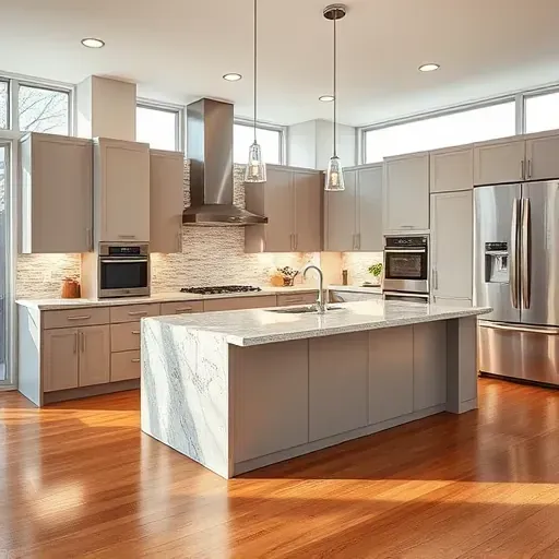 Remodeled Oak Brook kitchen with modern matte cabinets, granite island, stainless appliances, textured backsplash, hardwood floors, and natural light