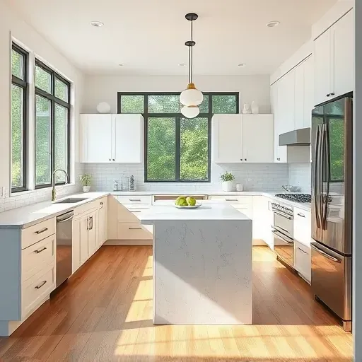Remodeled Bloomingdale IL kitchen with white matte cabinets, quartz island, stainless steel appliances, hardwood floors, and natural light