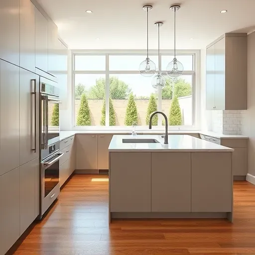 Completed modern kitchen in Buffalo Grove IL with sleek matte cabinets stainless steel appliances quartz countertops and hardwood floors