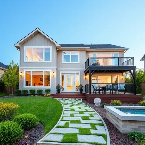 Modern two-story home in Buffalo Grove with inviting colors, garden, deck, and tranquil water feature.