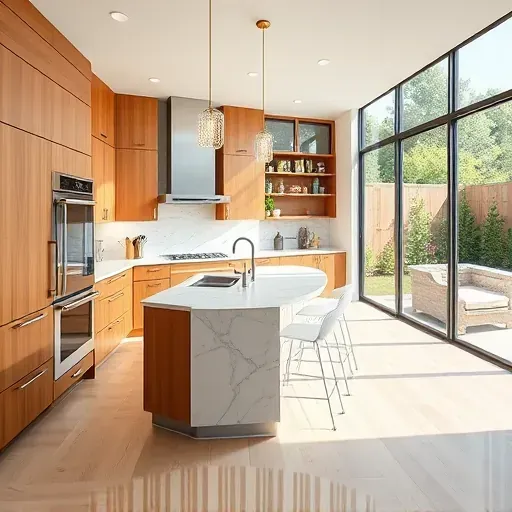 Modern kitchen with warm wood cabinets, marble countertops, large central island, stainless steel appliances, hardwood floors, and natural light overlooking landscaped backyard