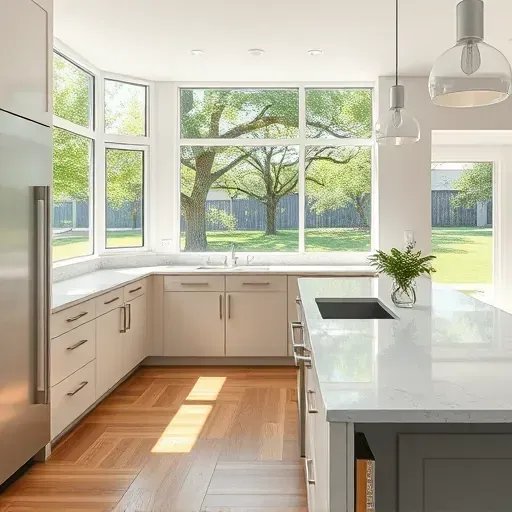 Modern eco-friendly kitchen in Bloomingdale IL with sleek cabinetry, energy-efficient appliances, quartz countertop, and natural light