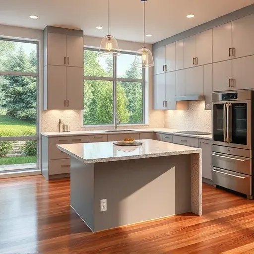 Remodeled kitchen in Oak Brook IL with modern cabinetry, granite countertops, stainless appliances, and natural light.