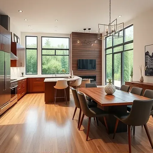 Modern kitchen remodel in Naperville IL with walnut cabinets, quartz countertops, and natural light-filled living space.