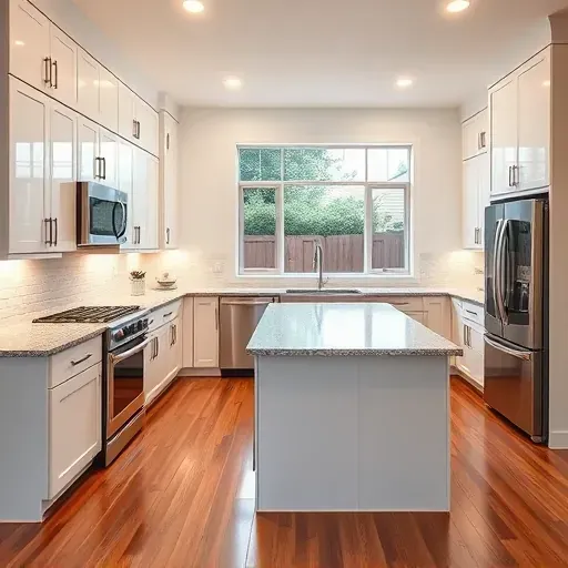 Recently remodeled modern kitchen in Rolling Meadows IL with white cabinetry stainless appliances granite island hardwood floors and large windows