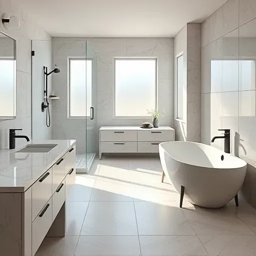 Renovated Bloomingdale Illinois bathroom with marble counters, walk-in glass shower, freestanding tub, and matte black fixtures