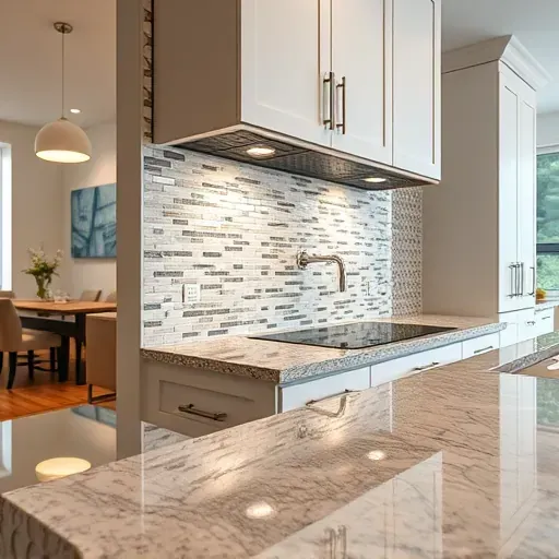 Close-up of a sleek mosaic tile backsplash in a modern Bloomingdale kitchen with neutral cabinets granite counters and stainless steel appliances