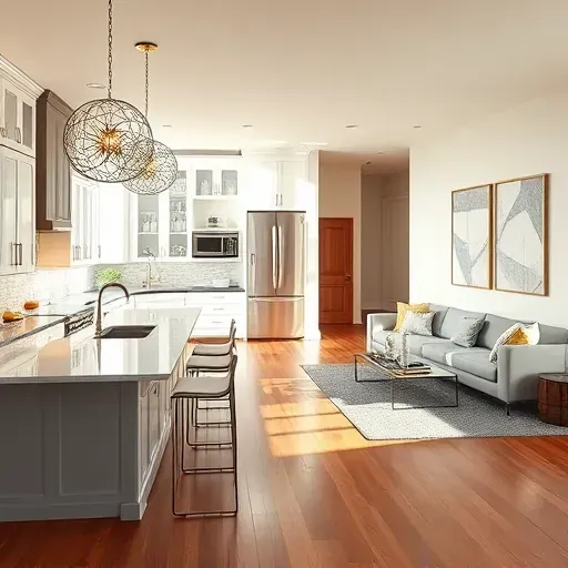 Stunning Elmhurst kitchen remodel featuring sleek cabinetry, polished countertops, cozy living area, and hardwood floors.