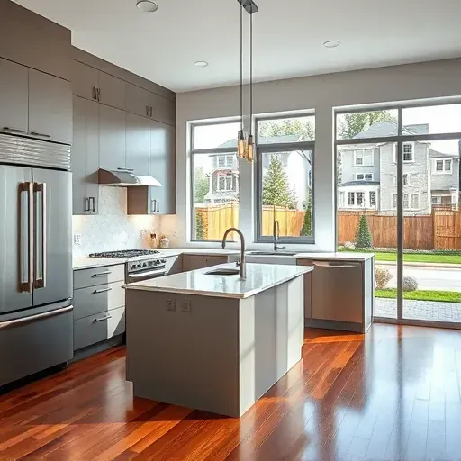 Recently remodeled modern kitchen in Arlington Heights with sleek cabinetry stainless steel appliances marble island and hardwood floors