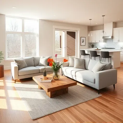 Modern Evanston living room with hardwood floors, natural light, neutral palette, plush sofa, and stylish kitchen area.