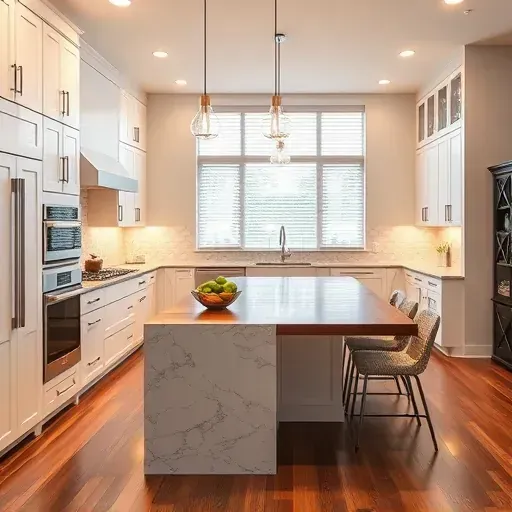 Recently remodeled Northbrook Illinois kitchen with white matte cabinets, granite countertops, stainless steel appliances, wooden island, and hardwood flooring