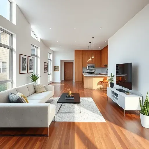 Modern living room in Wilmette IL showcasing an open layout, stylish furniture, and natural light. Elegant decor and a sleek kitchen.
