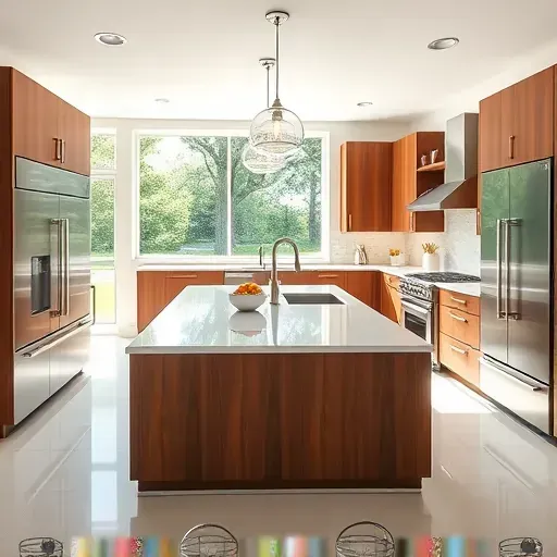 Remodeled Highland Park kitchen with modern appliances, sleek wood cabinets, spacious island, and views of landscaped backyard