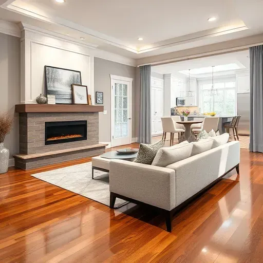 Completed home remodeling project in Skokie IL showcasing a stylish living room with elegant cabinetry and modern furnishings.