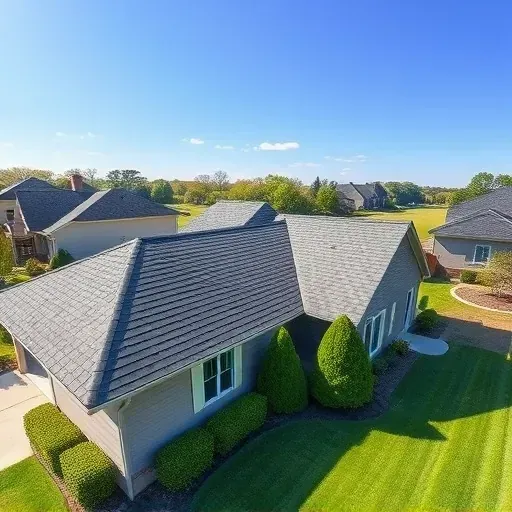 Finished asphalt shingle roof on a residential home in Bloomingdale IL with lush yard and neighboring houses under clear sky