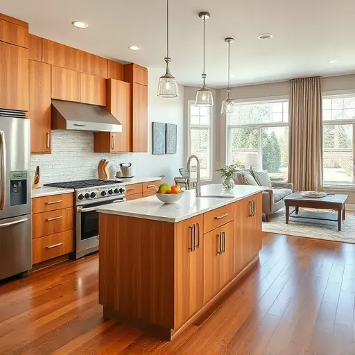 Remodeled Hoffman Estates kitchen with modern wood cabinetry stainless steel appliances marble island hardwood floors and natural light
