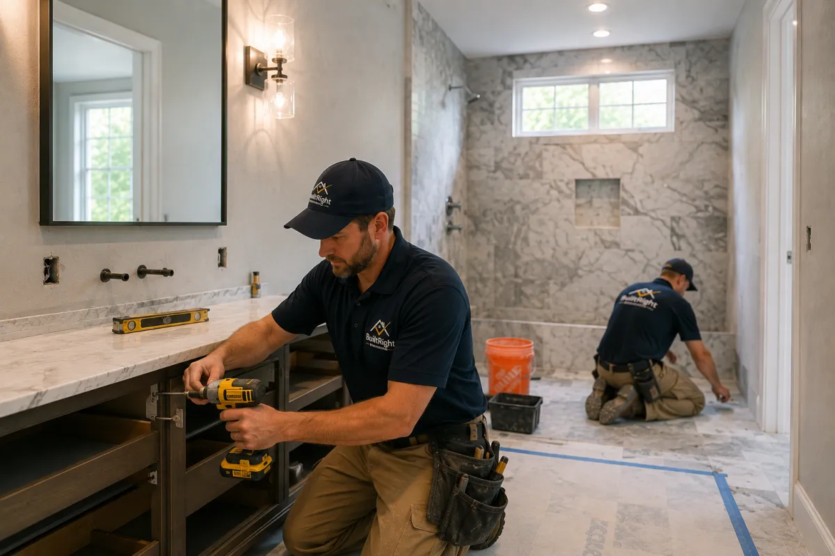 BuiltRight Remodeling contractor meeting with Worcester Massachusetts homeowners to discuss bathroom renovation plans, design ideas, material selections, project timeline, and written estimate during a free consultation.