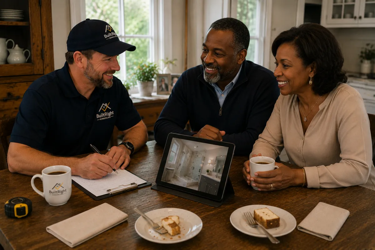 BuiltRight Remodeling contractor meeting with Worcester Massachusetts homeowners to discuss bathroom renovation plans, design ideas, material selections, project timeline, and written estimate during a free consultation.