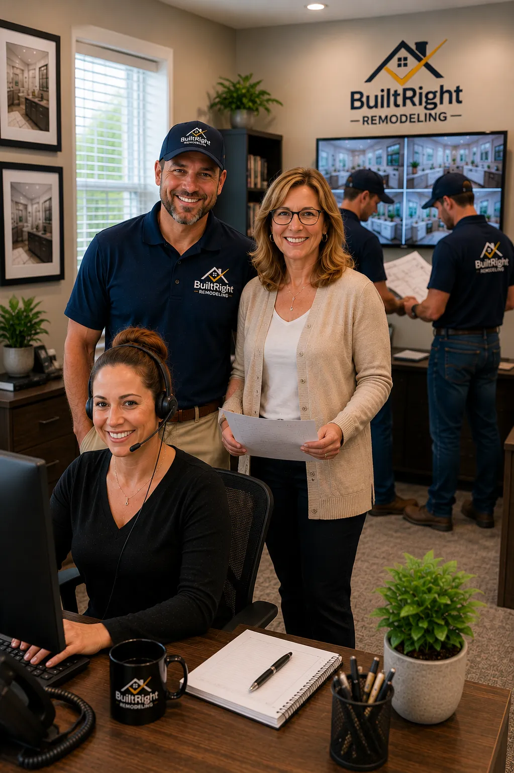 BuiltRight Remodeling office team assisting homeowners with project scheduling, customer service, contractor support, and bathroom remodeling consultations.