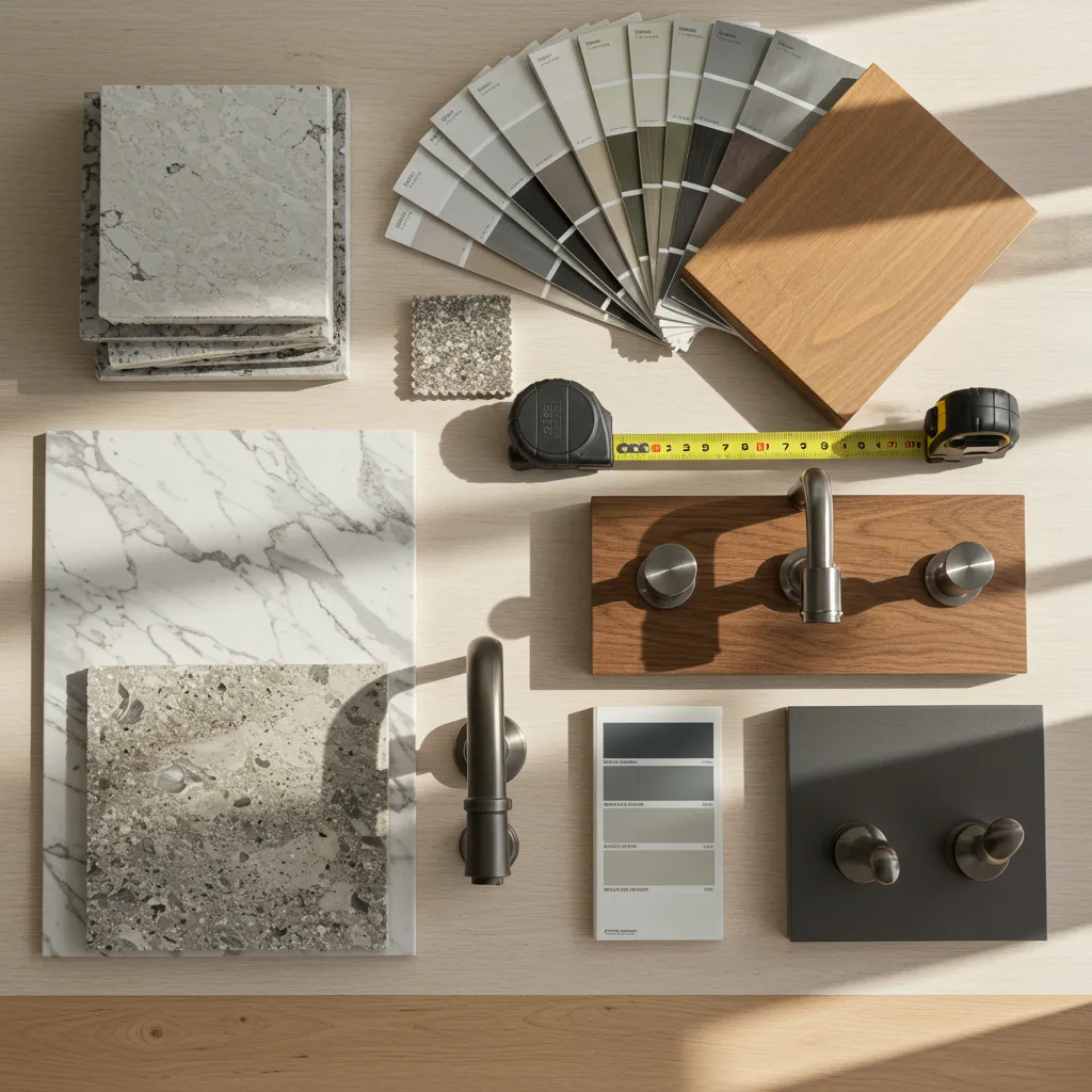 Bathroom remodel samples including tile, countertop, and faucet finishes for a Worcester MA consultation