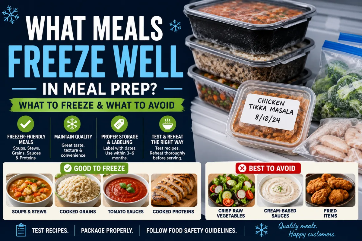 Freezer-friendly meal prep showing foods that freeze well and foods that may lose quality