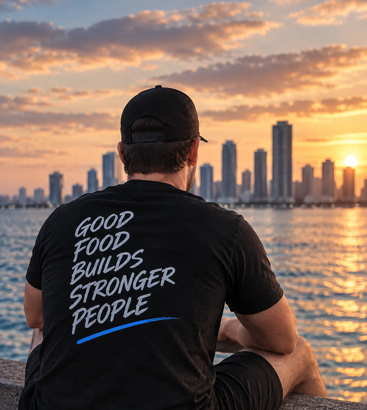 Casey, founder of MealPrepBiz101, sitting by the waterfront at sunset.