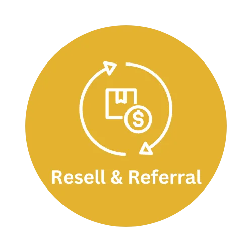 Icon symbolizing the Resell and Referral components of our marketing services, represented by a circular arrow intertwined with symbols of money and stamps. This graphic underscores our commitment to encouraging repeat business and maximizing customer lifetime value.