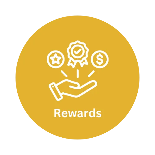 Icon for the Rewards element of our marketing tactics, showcasing a star, stamps, checkmarks, and money symbol above a hand. This design reflects our focus on leveraging customer referrals to drive business growth through incentivization and loyalty programs.