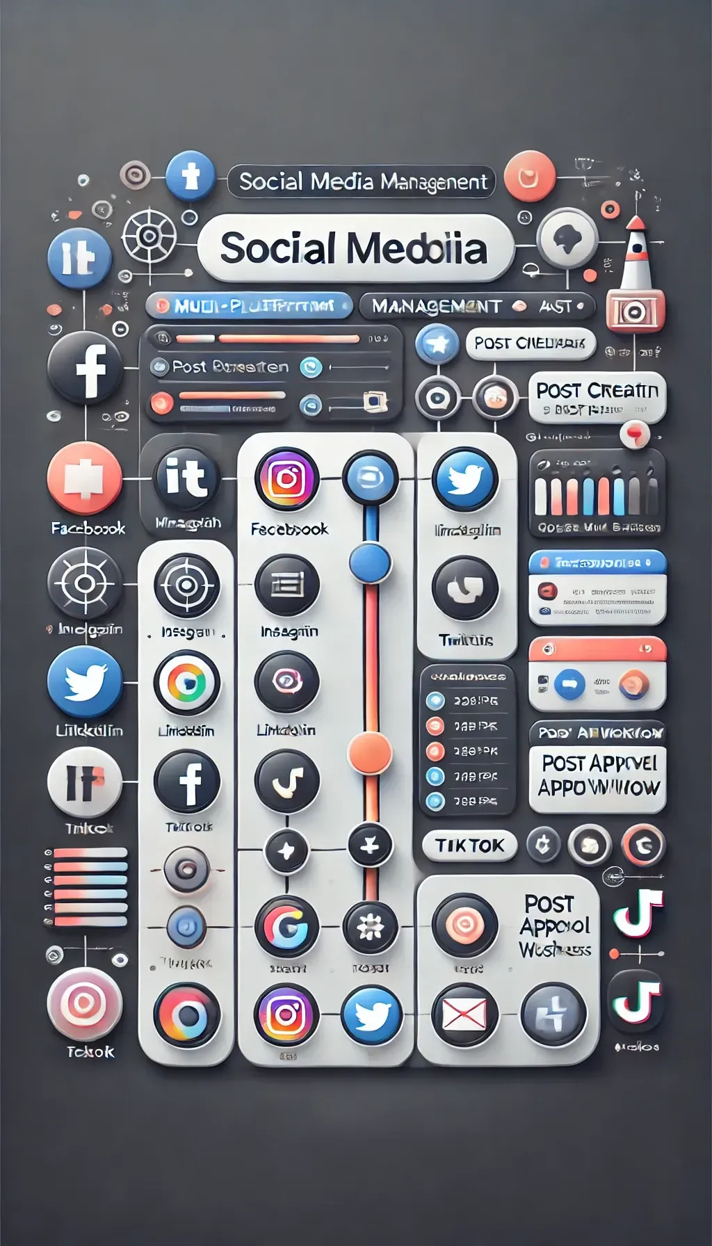 Vertical interface of SocialScale Pro showcasing key features in social media management, including multi-platform management, post creation, scheduling, content AI, analytics, and post approval workflow. The design highlights connected platforms like Facebook, Instagram, LinkedIn, Twitter, Google My Business, and TikTok in a clean, intuitive, and professional layout.