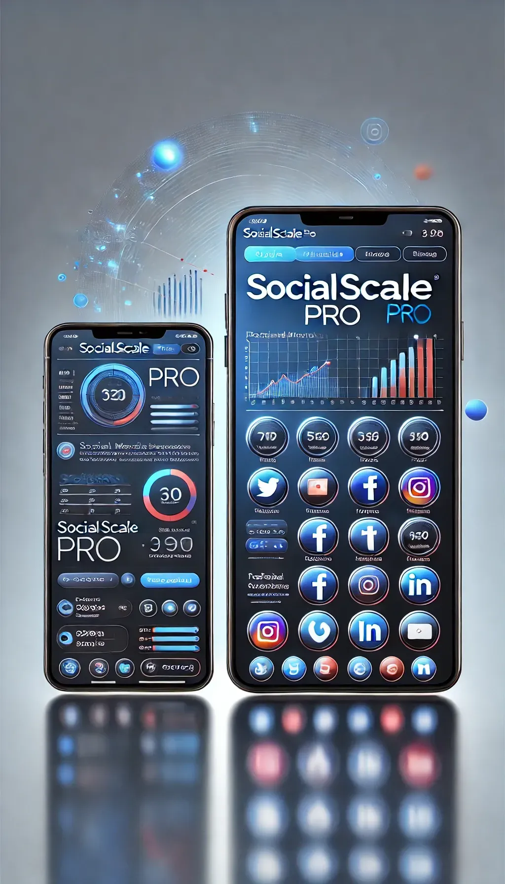 Vertical homepage image for SocialScale Pro, a social media management platform, featuring a sleek design with a smartphone and tablet displaying an intuitive social media dashboard.