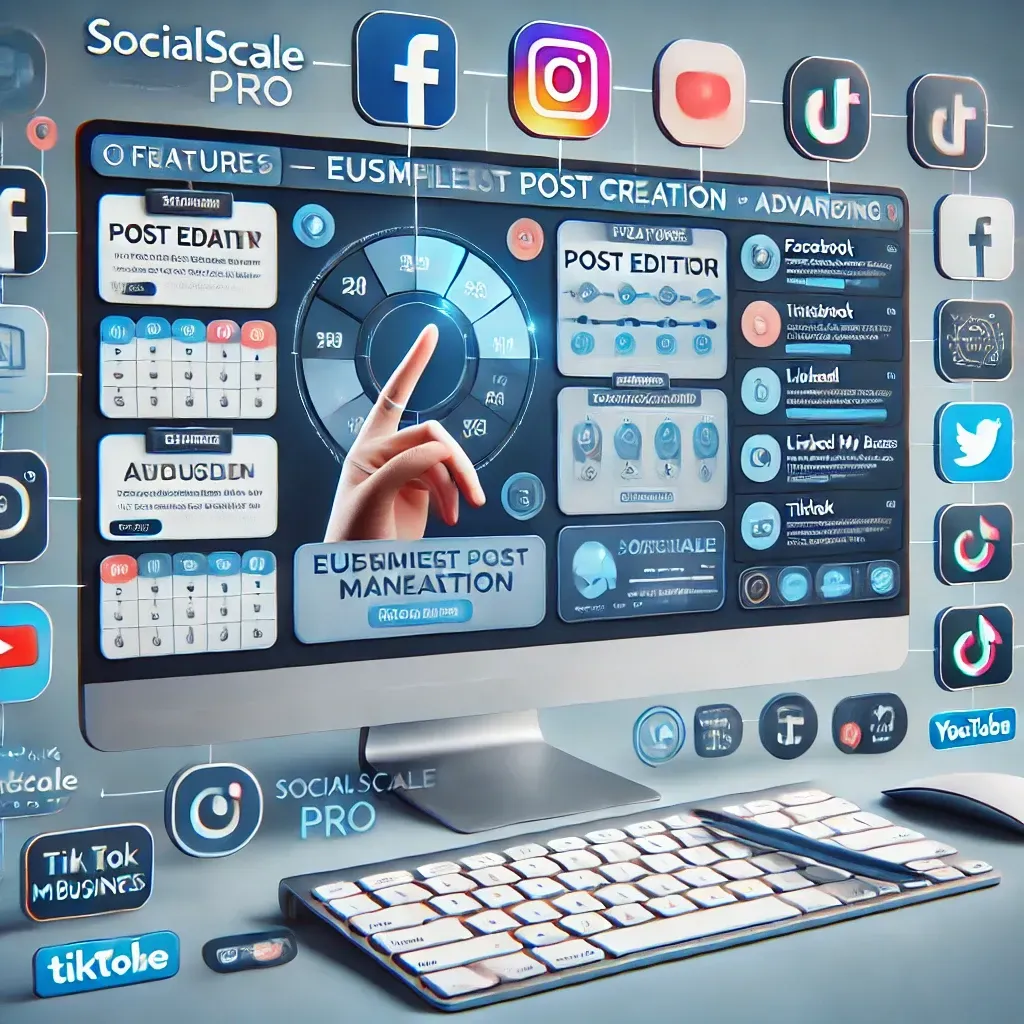 SocialScale Pro interface showcasing effortless post creation and advanced scheduling features. The image includes a user-friendly post editor, scheduling calendar, and icons representing various social media platforms such as Facebook, Instagram, Twitter, LinkedIn, Google My Business, TikTok, and YouTube.