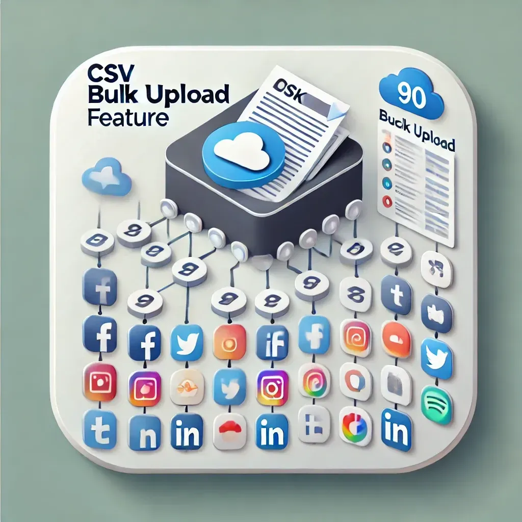 Image illustrating the CSV bulk upload feature in SocialScale Pro, showcasing a modern interface with a CSV file being uploaded and multiple social media posts scheduled simultaneously across platforms like Facebook, Instagram, LinkedIn, and Twitter. The design emphasizes efficiency and the ability to manage and schedule up to 90 posts at once.