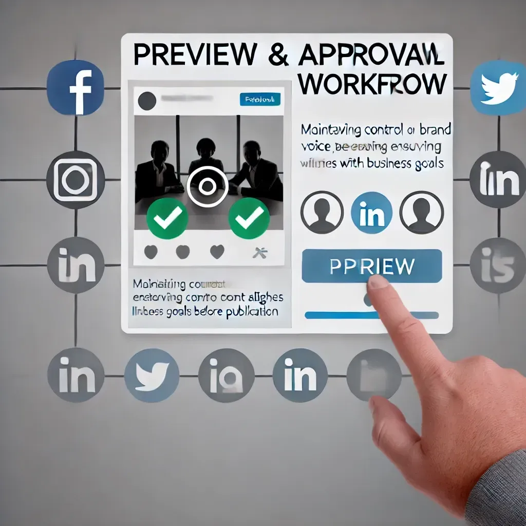 Image depicting the preview and approval workflow feature in SocialScale Pro, showing a user previewing a social media post before it goes live, with an approval process involving team members. Icons for platforms like Facebook, Instagram, LinkedIn, and Twitter emphasize maintaining control over brand voice and ensuring content aligns with business goals before publication.