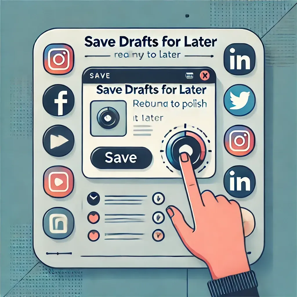 Image illustrating the 'Save Drafts for Later' feature in SocialScale Pro, showing a user saving a draft of a social media post with an option to return to it later. Icons for platforms like Facebook, Instagram, LinkedIn, and Twitter emphasize the flexibility of saving ideas and polishing them before posting.