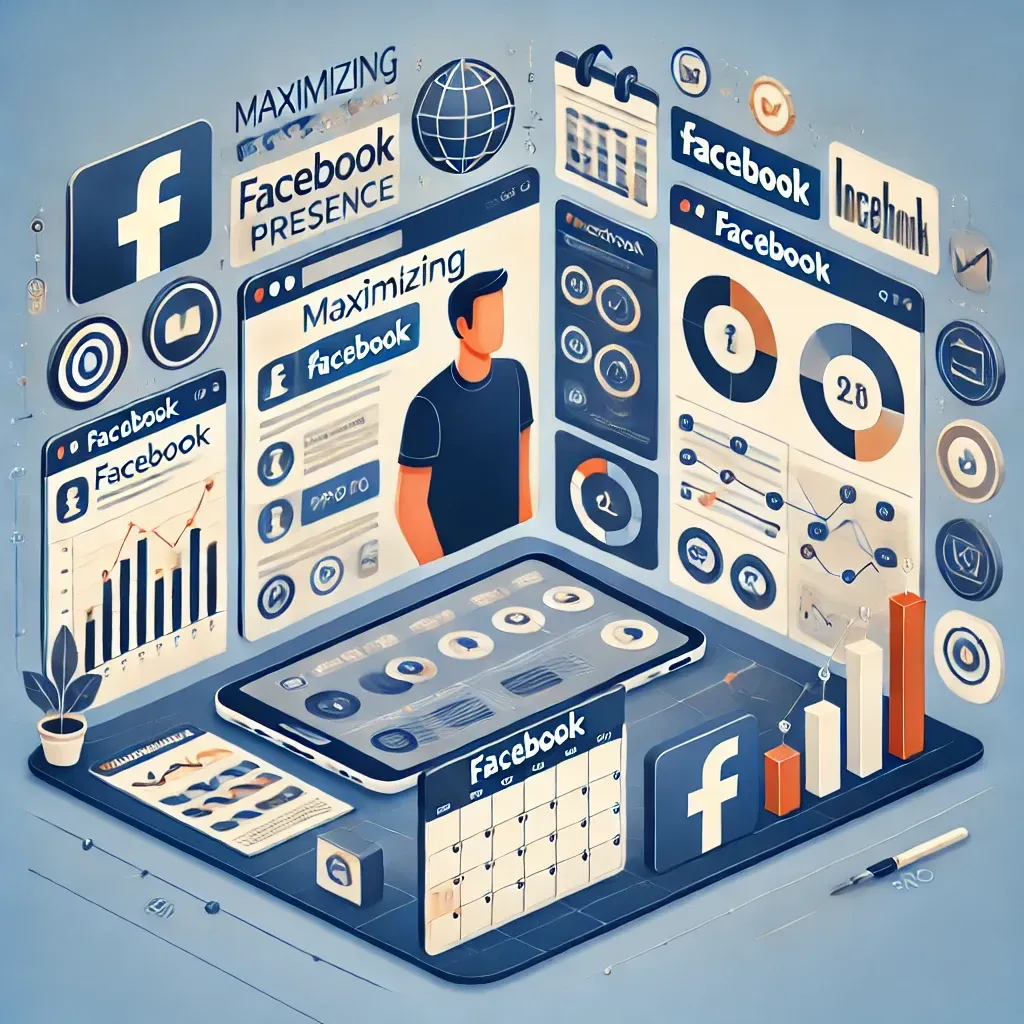 Image illustrating the concept of maximizing your Facebook presence with SocialScale Pro, featuring a modern interface with Facebook page management, post scheduling, analytics, and multiple page management. The design conveys efficiency, growth, and strong online engagement with the Facebook logo and relevant icons.