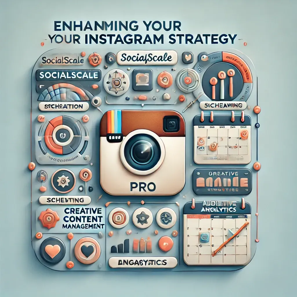 Image representing enhancing your Instagram strategy using SocialScale Pro, featuring elements like post creation, scheduling, and analytics with the Instagram logo, calendar, and creative tools. The design emphasizes creative content management, audience engagement, and brand growth.