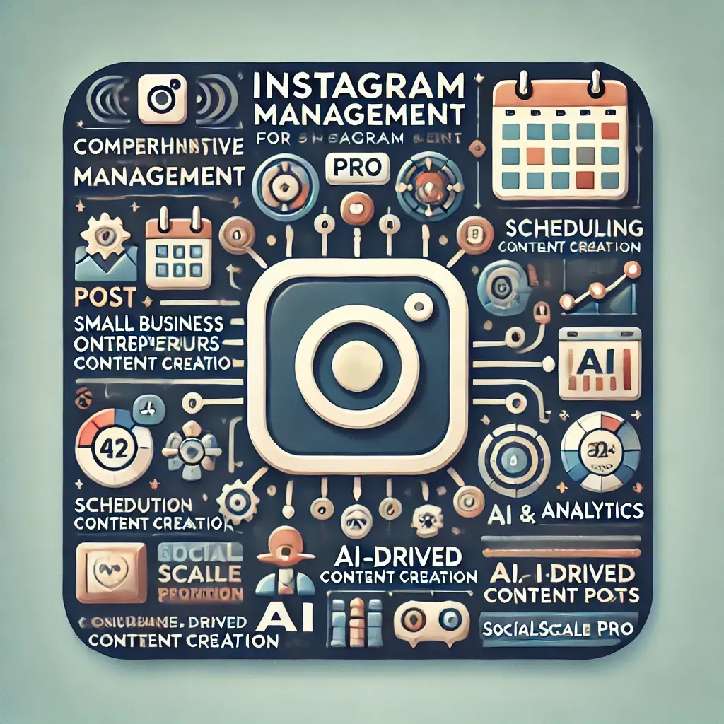 Image representing comprehensive Instagram management for small business owners, entrepreneurs, and consultants using SocialScale Pro. Features include post creation, scheduling, AI-driven content creation, analytics, and recurring posts, with the Instagram logo, calendar, AI, and analytics icons emphasizing ease of management, consistent engagement, and business growth.